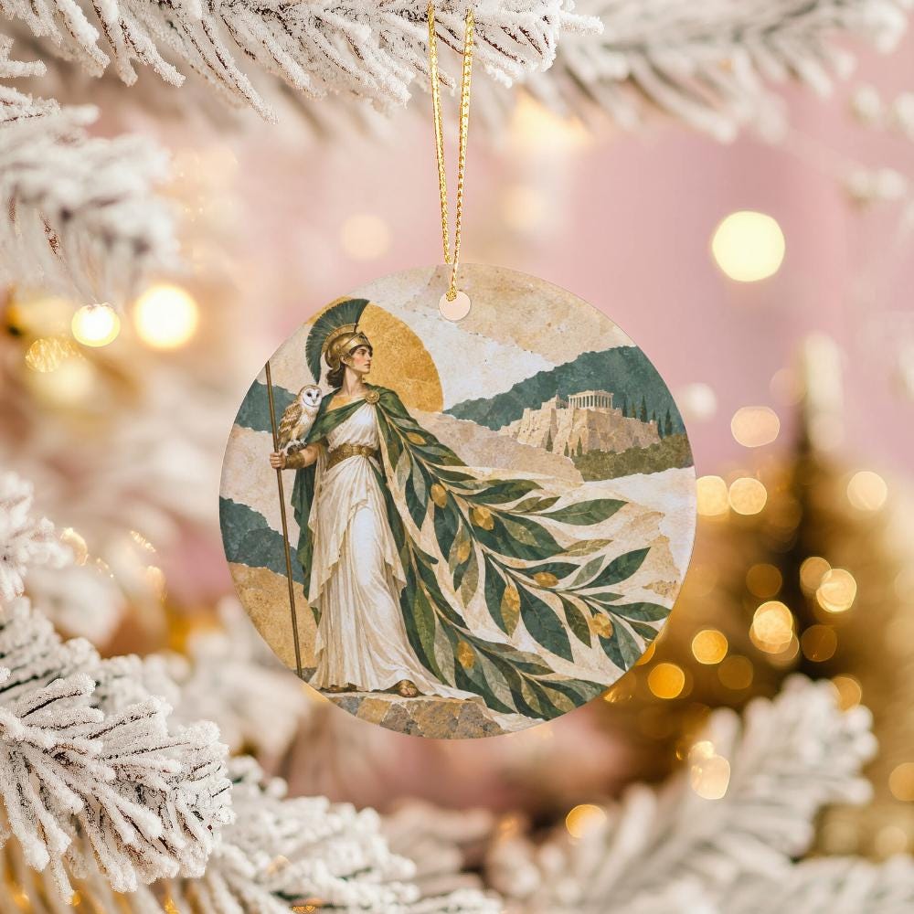 Athena with Owl Ceramic Ornament, Olive Branch and Parthenon