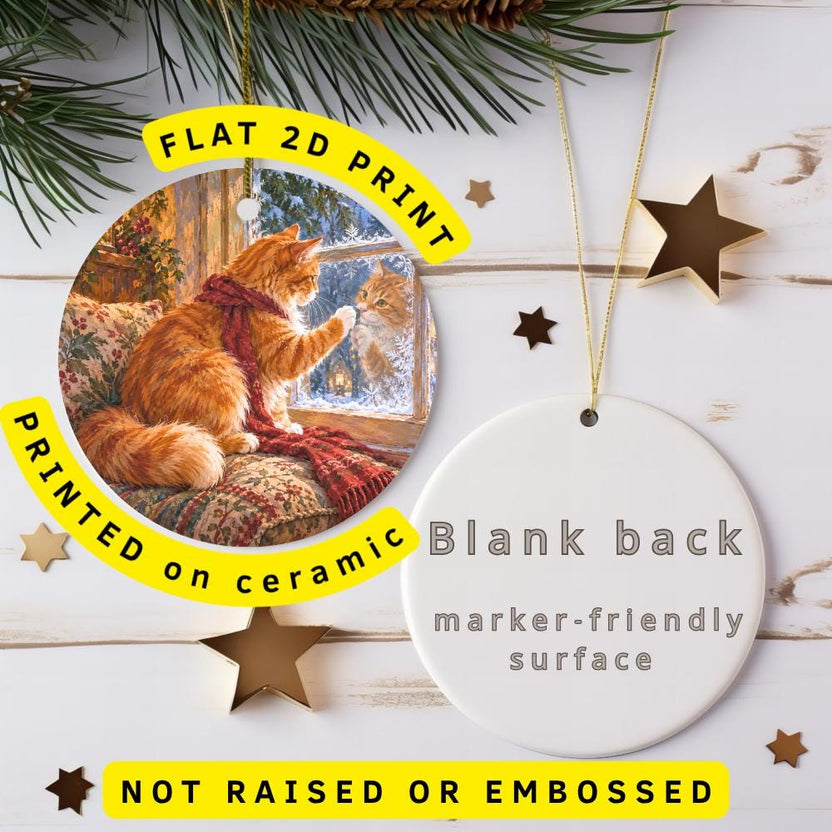 Orange Cat Ceramic Christmas Ornament, Red Scarf and Frosted Window