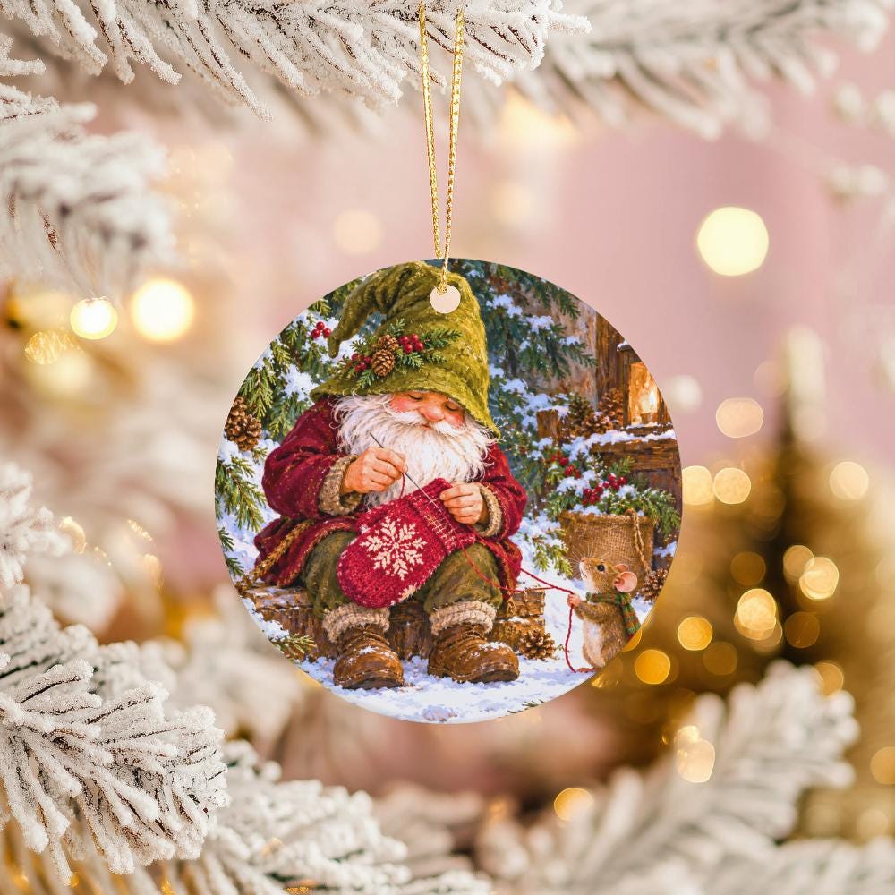 Knitting Gnome Ceramic Christmas Ornament, Red Mitten and Little Mouse