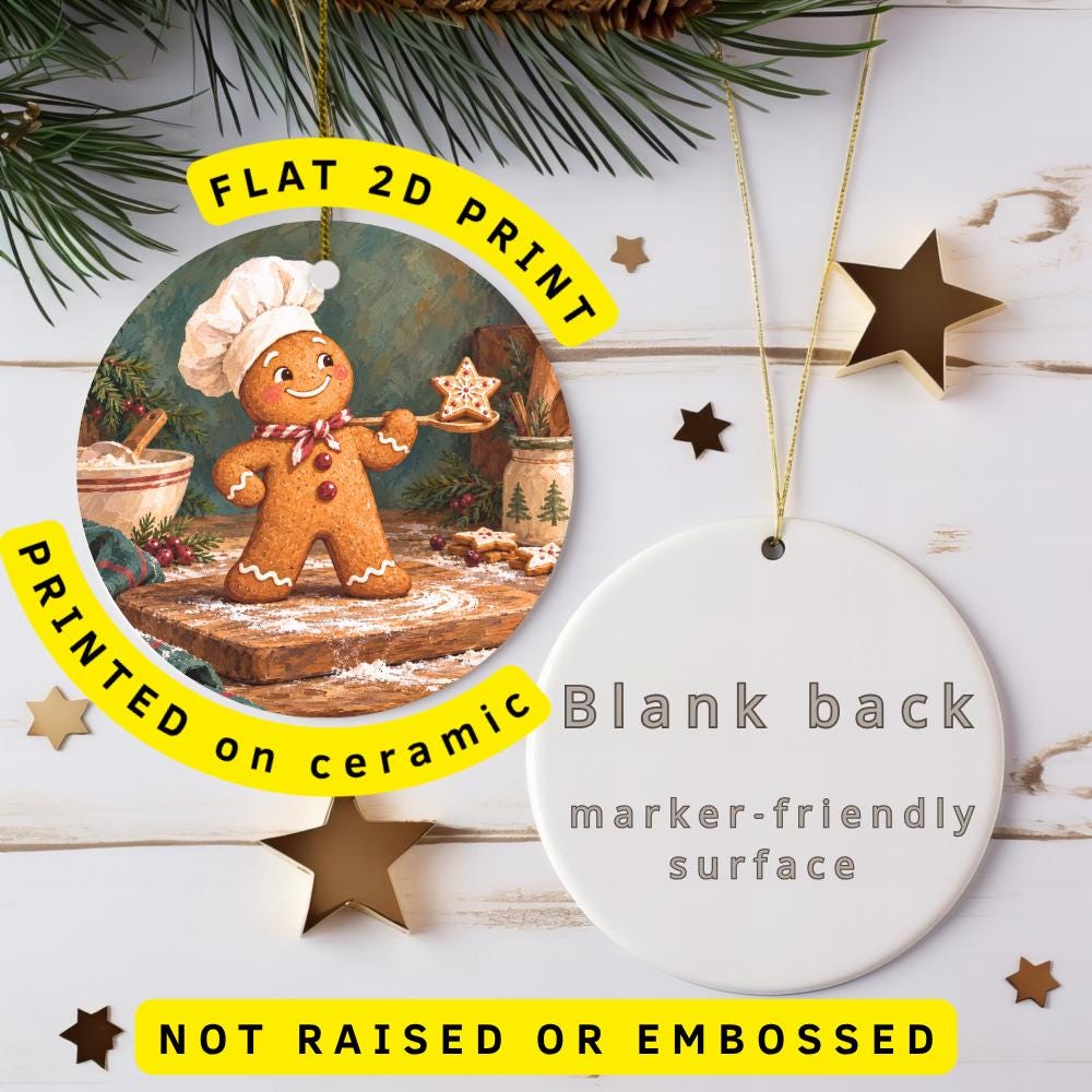 Gingerbread Man Ceramic Christmas Ornament, Chef Hat and Star Cookie