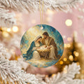 Nativity Ceramic Christmas Ornament, Mary, Joseph and Baby Jesus in Manger