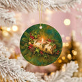 Yule Log Ceramic Christmas Ornament, Lit Candle and Holly Berries