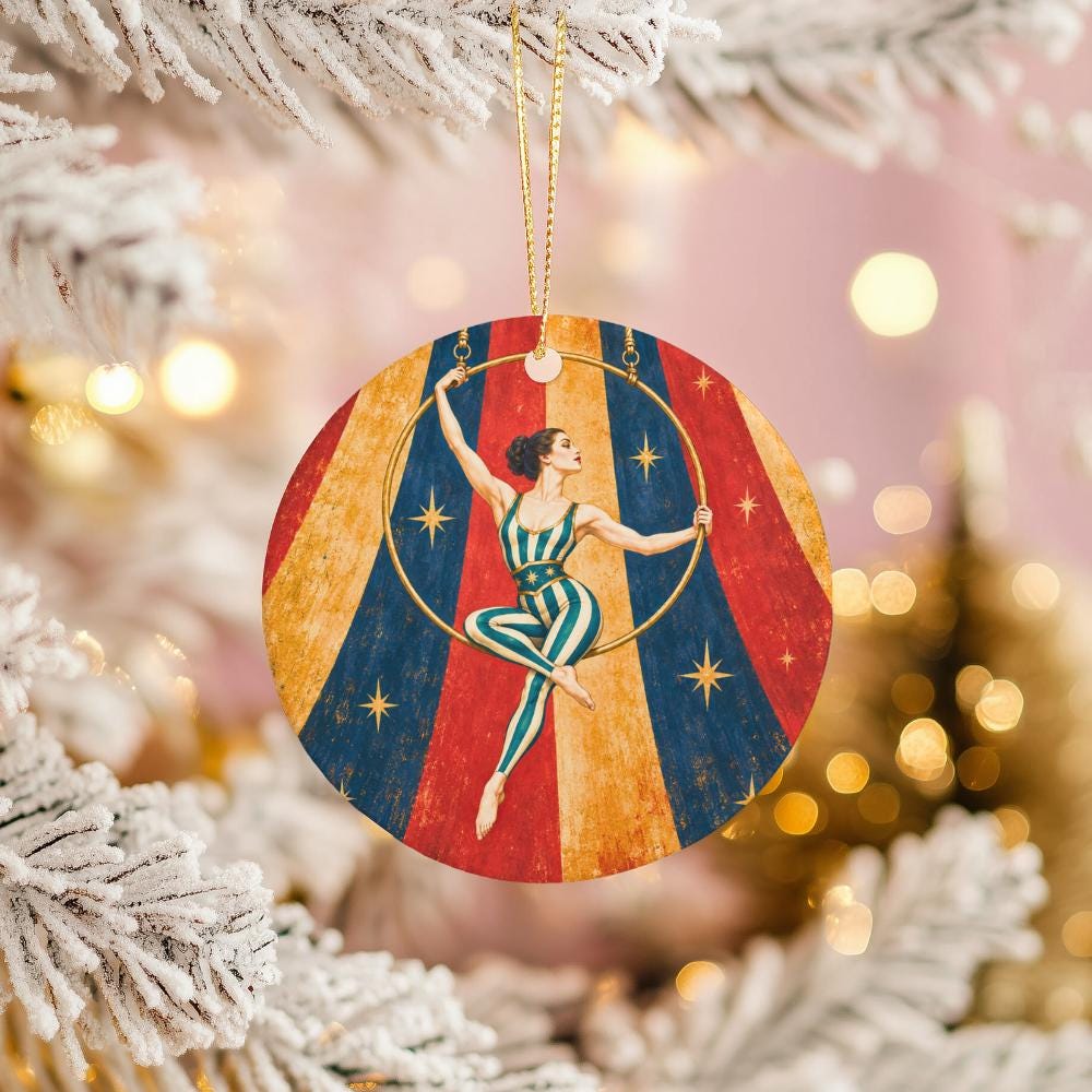 Circus Aerialist Ceramic Ornament, Golden Hoop and Striped Circus Tent