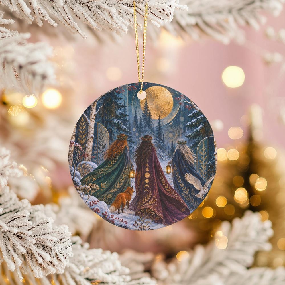 Cloaked Women Ceramic Ornament, Snowy Birch Forest and Full Moon