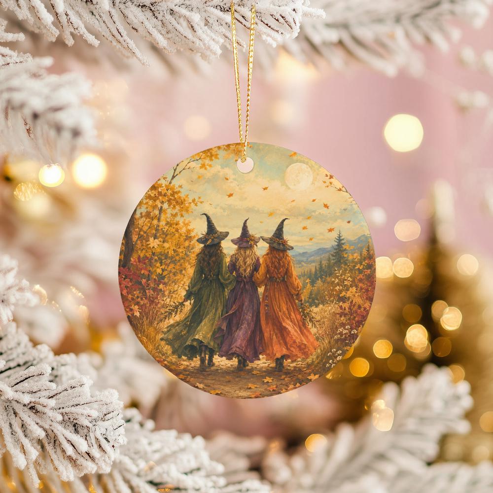 Three Witches Ceramic Ornament, Autumn Forest Path and Full Moon