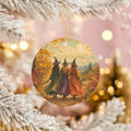 Three Witches Ceramic Ornament, Autumn Forest Path and Full Moon