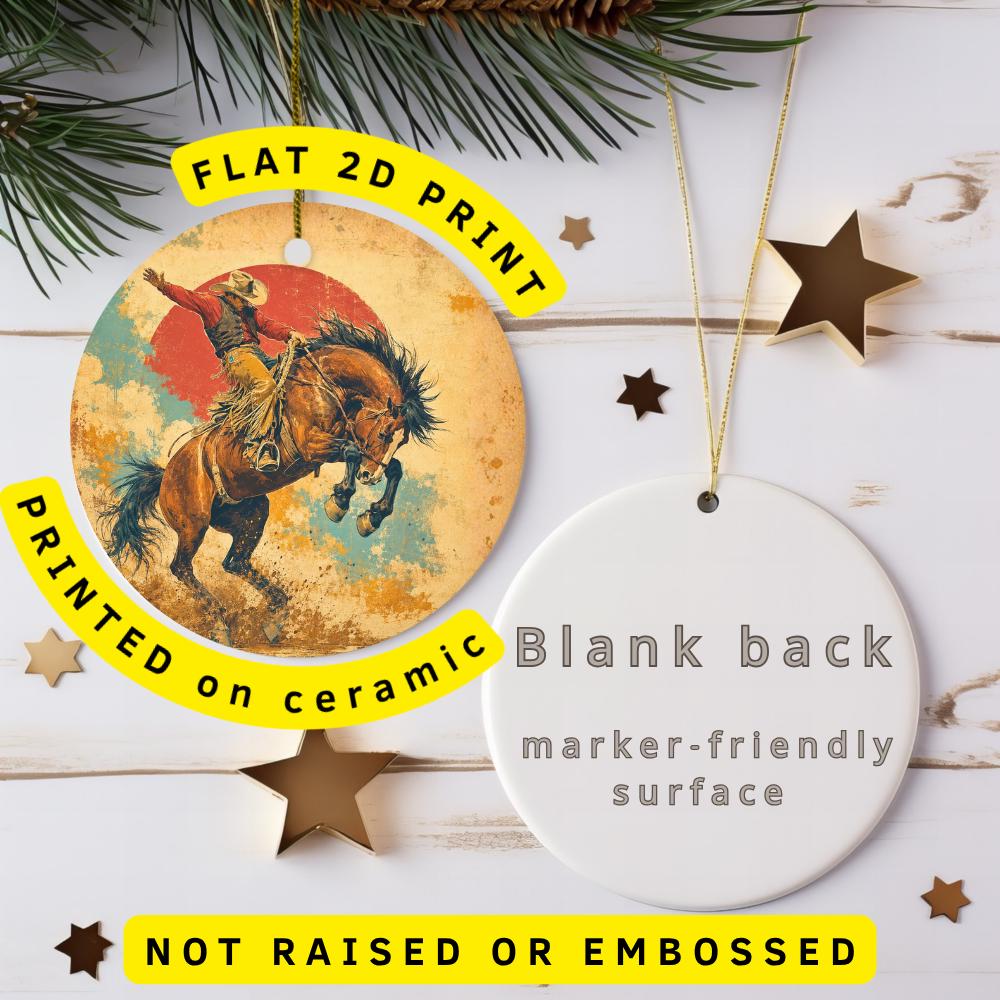 Cowboy Ceramic Ornament, Bucking Bronco and Red Sun