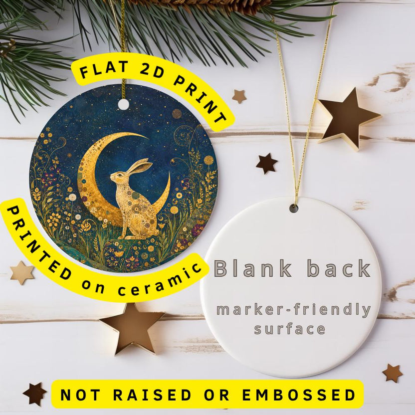 Golden Hare Ceramic Ornament, Crescent Moon and Wildflowers