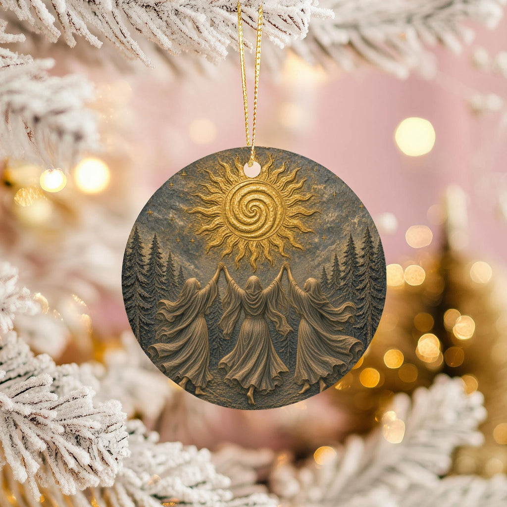 Golden Spiral Sun Ceramic Ornament, Three Dancing Women and Pine Trees