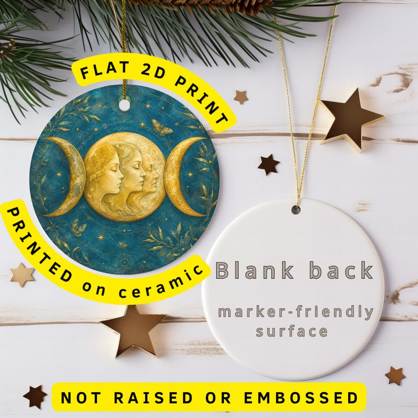 Triple Moon Goddess Ceramic Ornament, Three Faces and Gold Crescents