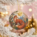 Red Fox Ceramic Christmas Ornament, Golden Moon and Pinecones
