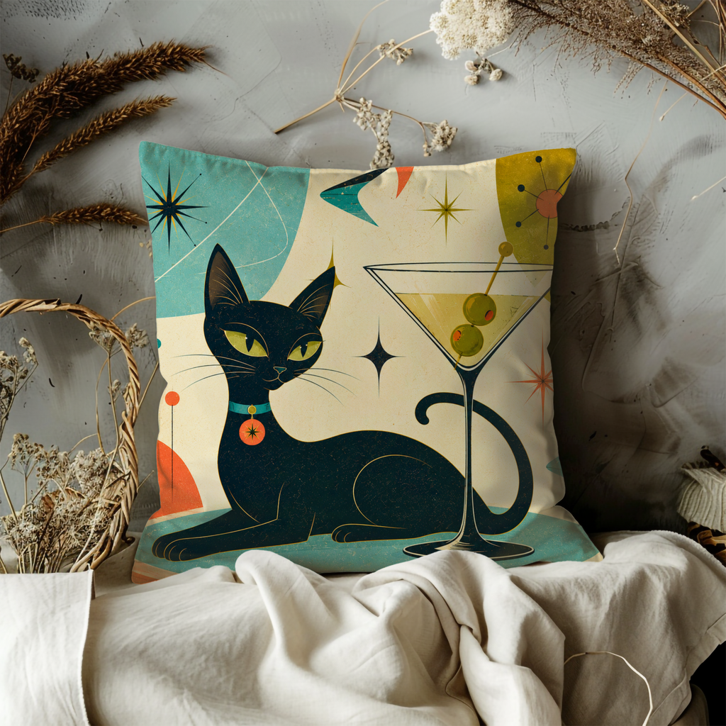 Reclining Black Cat Pillow Cover | Martini Atomic Starburst Art | Retro Bar Decor — pillow cover mockup 0