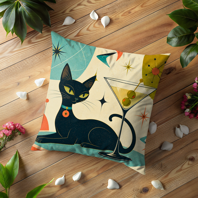 Reclining Black Cat Pillow Cover | Martini Atomic Starburst Art | Retro Bar Decor — pillow cover mockup 2