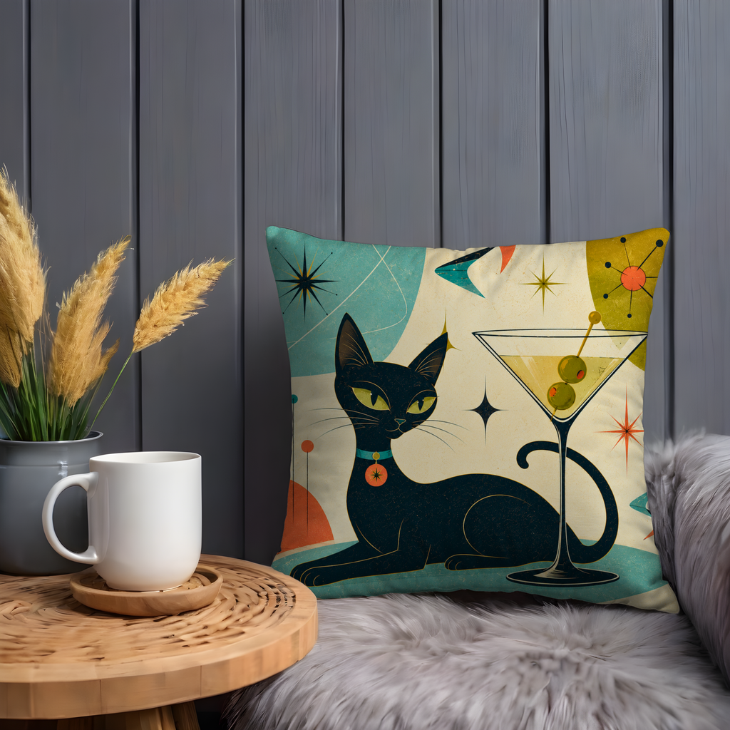 Reclining Black Cat Pillow Cover | Martini Atomic Starburst Art | Retro Bar Decor — pillow cover mockup 4